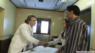 Hot brunette Courtney James gets fucked by two men