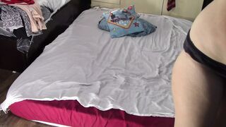 Sexy mom massages herself. Wife, hairy pussy, big ass. Sexy brunette shaves her hair on her legs.