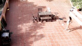 Public Courtyard Blowjob and Fucking with a Hot Brunette Amateur Couple