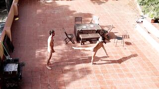 Public Courtyard Blowjob and Fucking with a Hot Brunette Amateur Couple