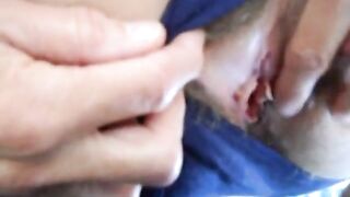 Hairy pussy girl gets fucked and filled with cum