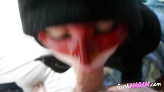 Redhead teen vampire cosplayer gets a surprise in her throat.