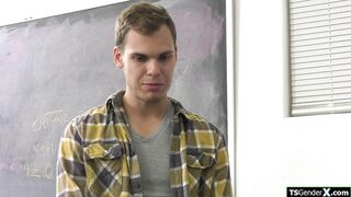 Guy takes out his cock ifo his busty tattooed trans teacher