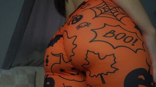 Indian big ass wife halloween leggings doing camel toe pussy then masturbating and playing with her big tits