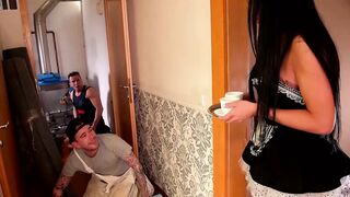 She Brings Coffee to the Craftsmen in Lingerie and Gets Fucked