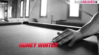 Babe bends over the stool as two huge cock stroke her holes hard