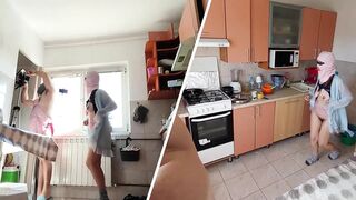 Crazy amateur couple having fun in the kitchen