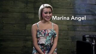 Sub girl Angel gets tied up and tormented by cruel blond dominatrix in the chamber.