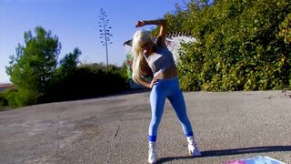 Stunning blonde with big boobs rides a hard big cock on the grass