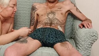 wife loves watching stepmom give blowjob and gets a mouthful of cum