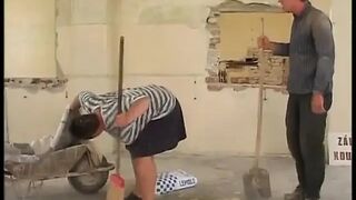 Old concierge with big tits banged outdoor