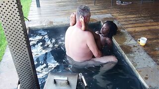 "Steam, Sun & Serenity" Ebony Secretary fucks her boss in the hottub