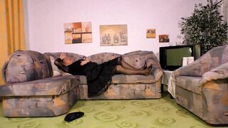 Blonde older woman in stockings with big boobs and big flat ass rides her man with foot fetish and takes his load in mouth