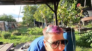 Outdoor Ball Sucking Blowjob with Cum in Mouth in the Garden