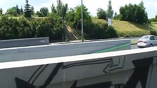 Outdoor fuck for a blonde in black stockings