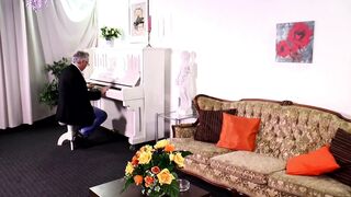 Old piano professor gives fuck class to a younger big ass brunette wife