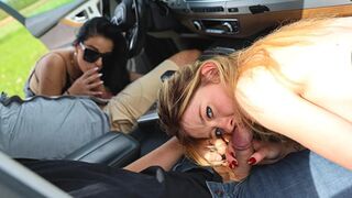 Brunette & blonde babes sloppy blowjobs, pounded doggy outdoors at Swhores