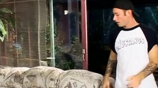 Tattooed muscle guy in sexy blonde milf...cum in mouth