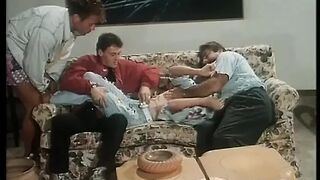 Three horny guys slam brunette's both holes