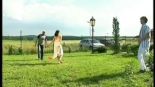 A busty brunette fucked by two guys splattered with cum