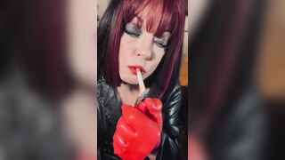 Leather Wife Tina Snua Smoking In Red Latex Gloves - Smoker Shiny Goth Gothic Emo Makeup Wig