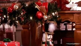 Cum starved brunette whore wearing a Christmas outfit gets titty fucked and cum in mouth.