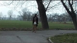 Slutty young brunette flashing her pussy in a park