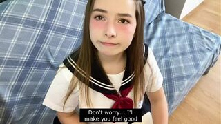 Cutie in Japanese school uniform touches your cock and gets embarrassed