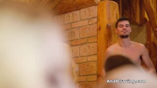 Face fucking butt plugged busty blonde in the spa