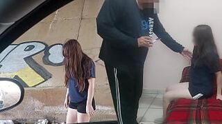 Old man and young slutty girl! He sees her under a bridge collecting trash and offers her money to fuck her without a condom