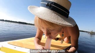 Blonde MILF Plays with Dildo and Gives Blowjob on a SUP Board