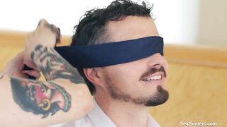 Wife cheats under blindfold hubbys nose